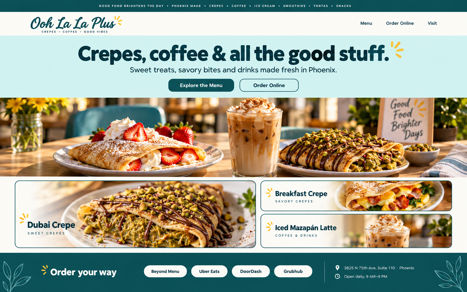 Strawberry crepe, iced coffee and pistachio-chocolate Dubai crepe on a cafe table