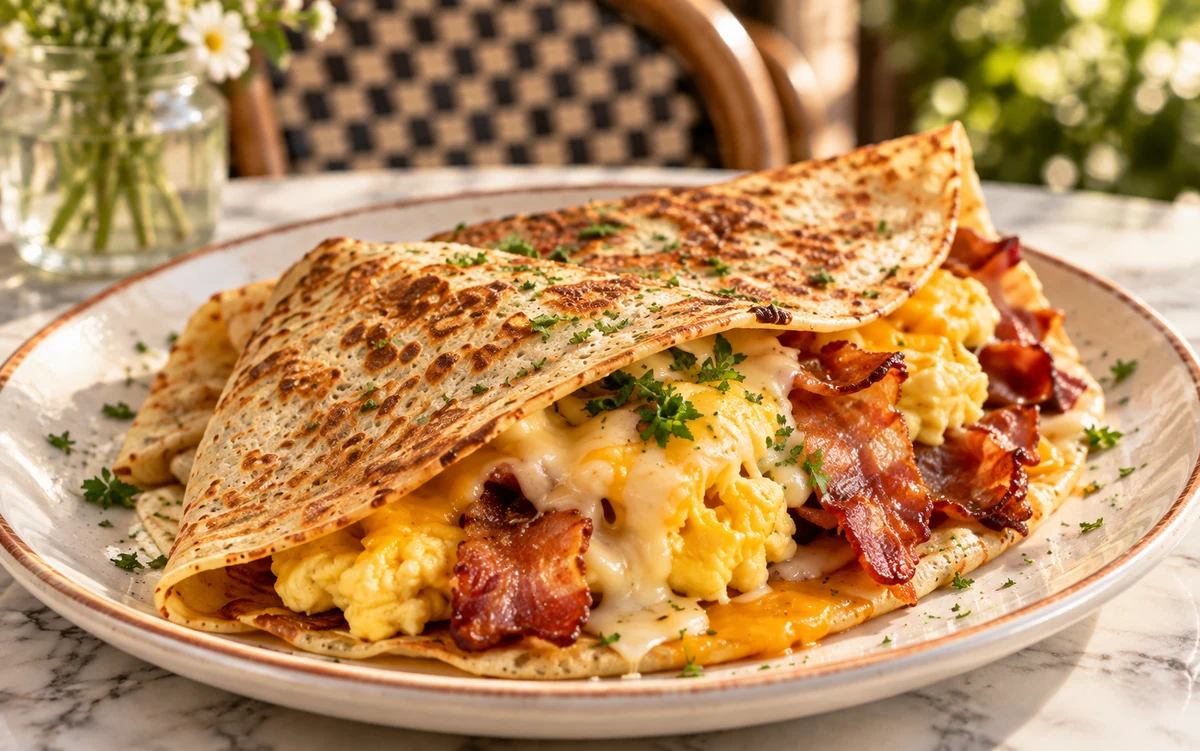 Breakfast crepe with eggs, cheese and bacon