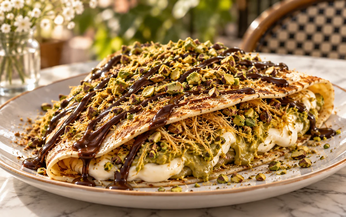 Dubai crepe with pistachio filling and chocolate drizzle