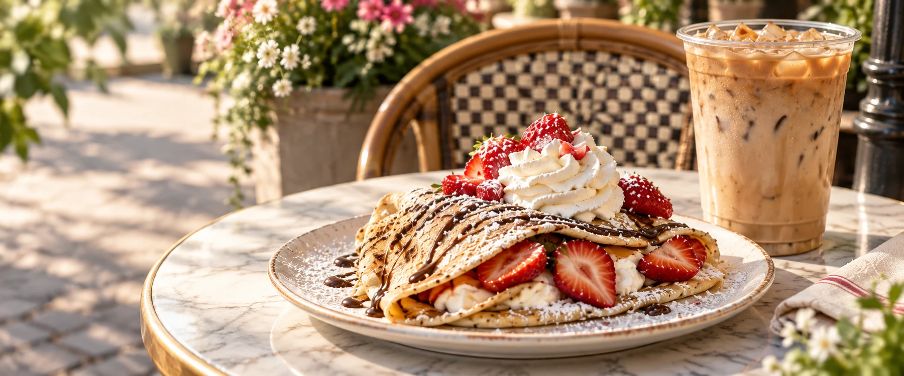 Strawberry crepe and iced coffee at a cafe table