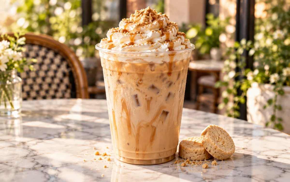 Iced mazapán latte with whipped cream